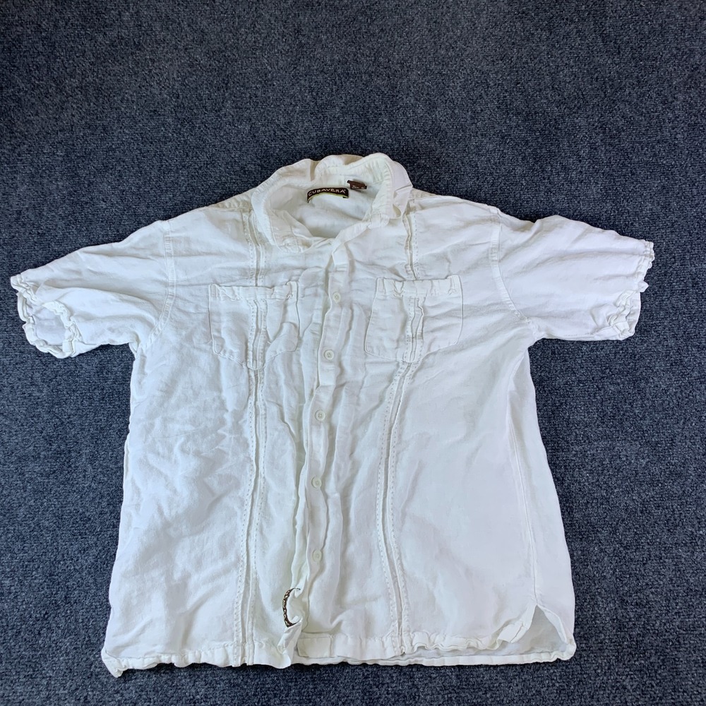 Cubavera Panel Linen Shirt Mens Medium White Rayon Short Sleeve Button Front
